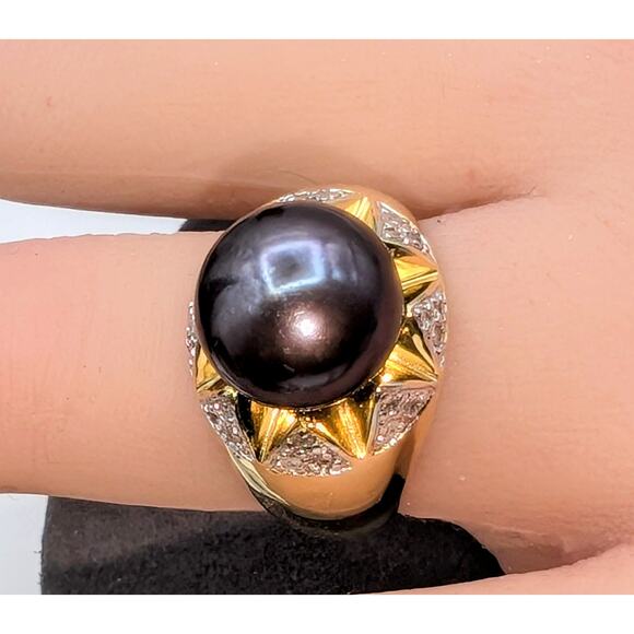 925 Sterling Gold Vermeil Purple Pearl & Diamond Accent Statement Ring Size 6.75 - Picture 2 of 6